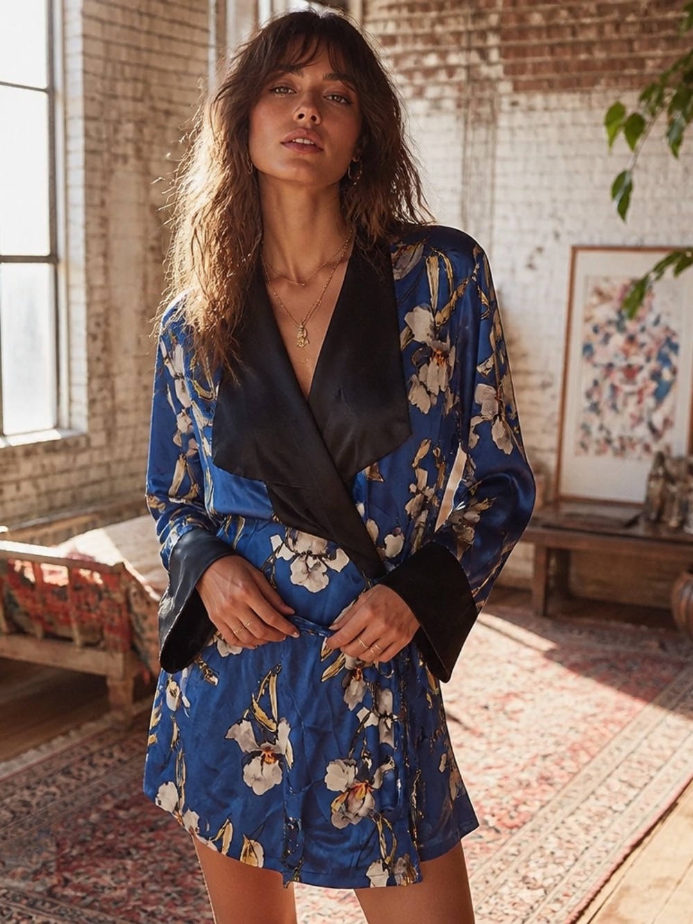 Rat & Boa Blue Floral Satin Wrap Robe with Black Trim